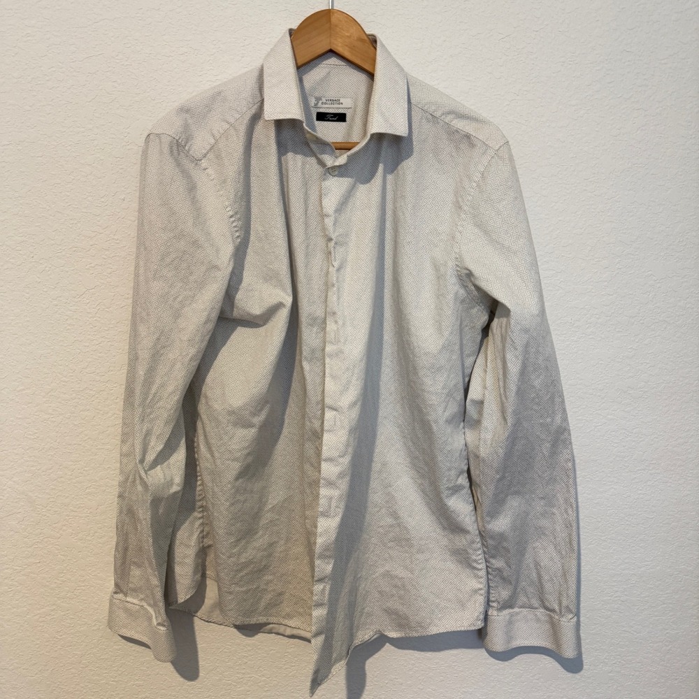 Versace Collection Button Down Mens 43 White Geometric Trend Shirt